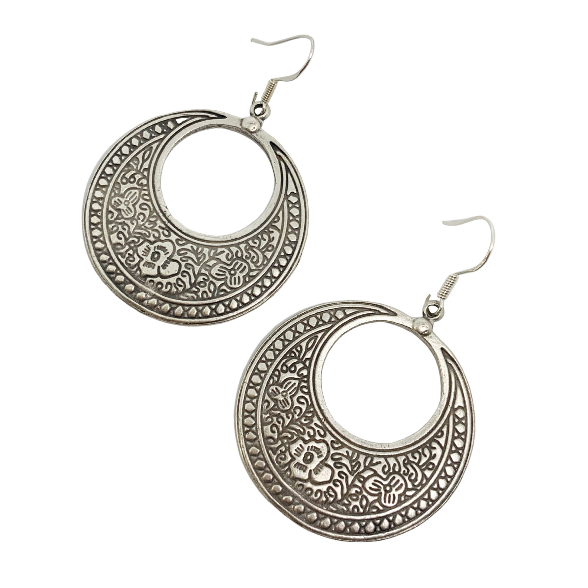 Flower detailed, silver metal hoop style earrings, jewelry - Andria Bieber Designs 