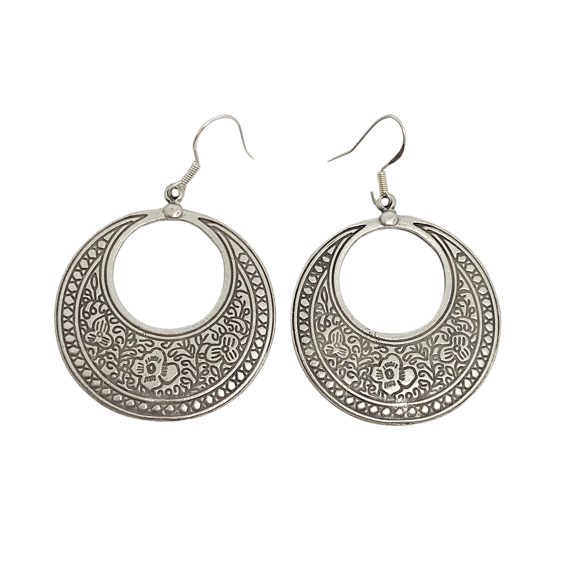 Flower detailed, silver metal hoop style earrings, jewelry - Andria Bieber Designs 