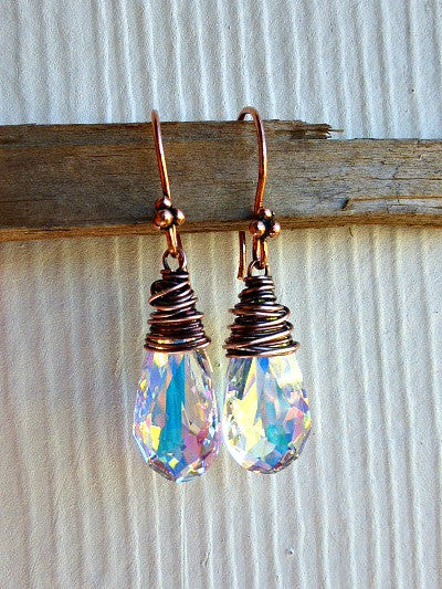 Copper Wire Wrapped, Swarovski Teardrop Crystal AB earrings. - Andria Bieber Designs 