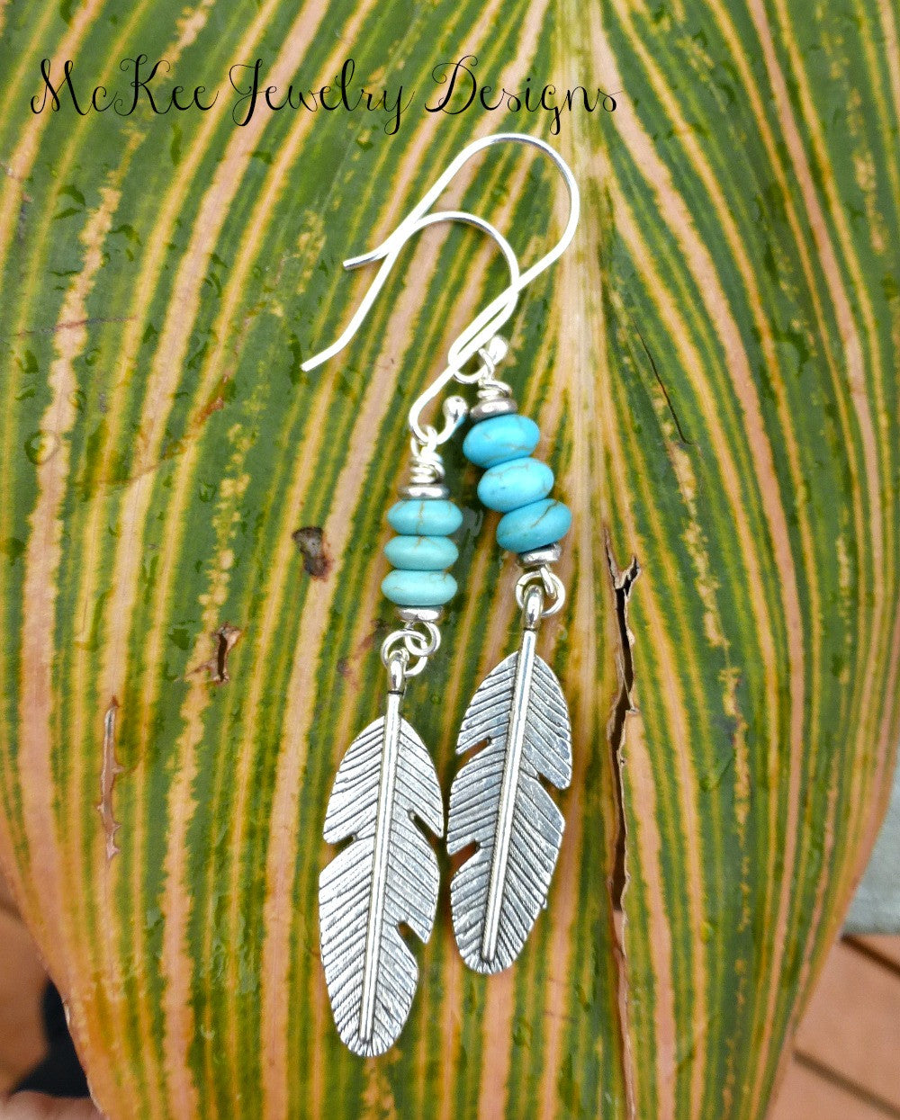 Feather charms in silver, blue turquoise stone and sterling silver earrings. - Andria Bieber Designs 