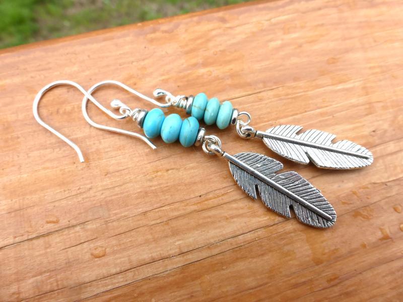 Feather charms in silver, blue turquoise stone and sterling silver earrings. - Andria Bieber Designs 