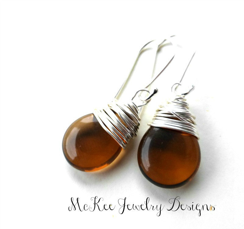 Brown transparent pear Czech glass, silver wire wrapped, sterling silver earrings. - Andria Bieber Designs 