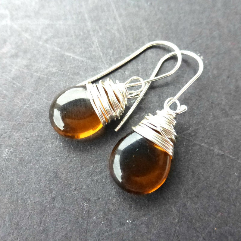 Brown transparent pear Czech glass, silver wire wrapped, sterling silver earrings. - Andria Bieber Designs 