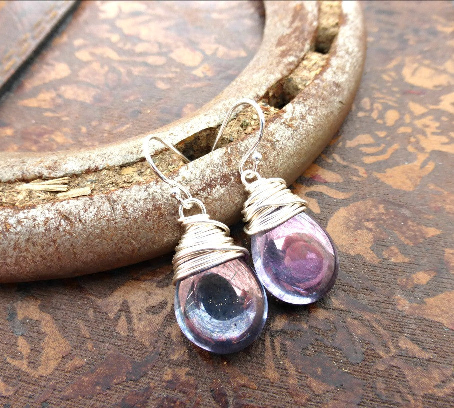 Purple luster Czech glass teardrop and silver wrapped earrings. Sterling silver small jewelry. - Andria Bieber Designs 