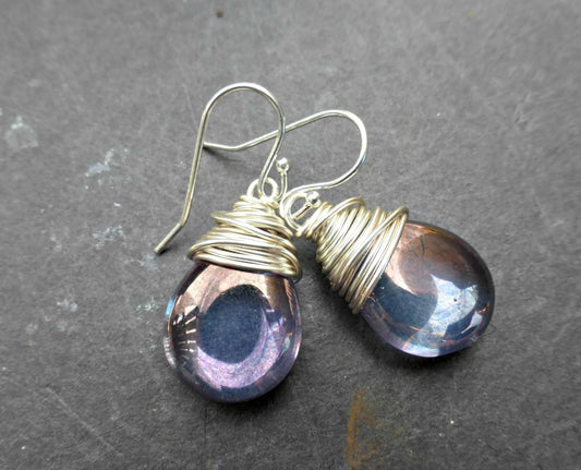 Purple luster Czech glass teardrop and silver wrapped earrings. Sterling silver small jewelry. - Andria Bieber Designs 