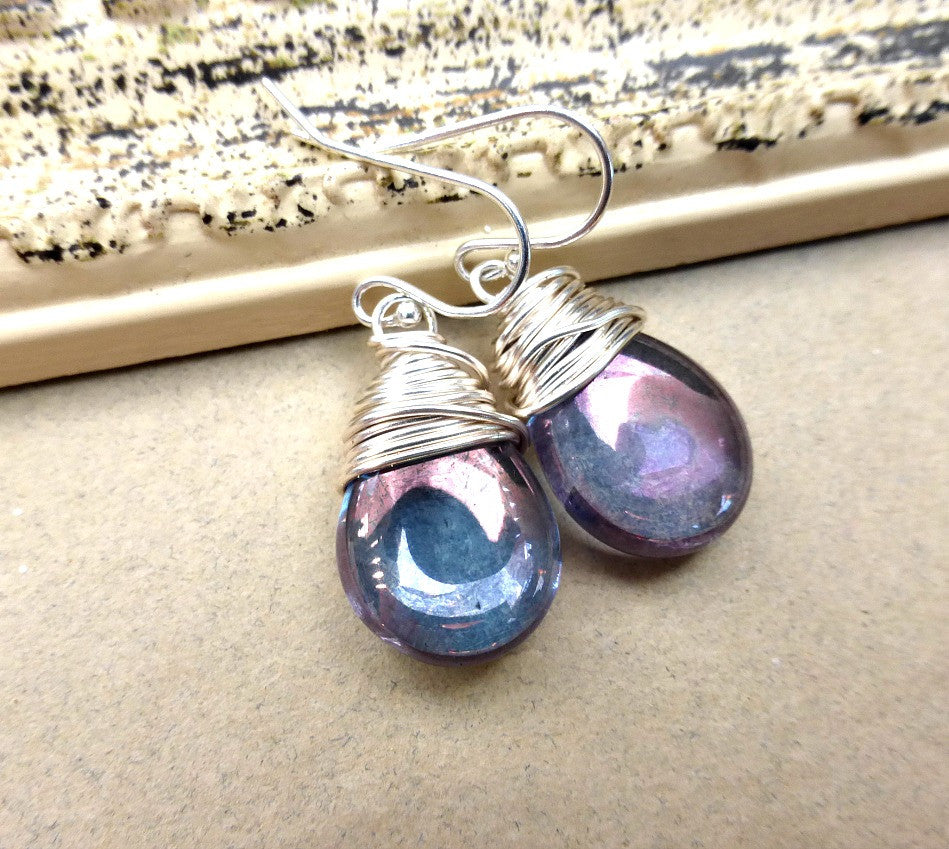 Purple luster Czech glass teardrop and silver wrapped earrings. Sterling silver small jewelry. - Andria Bieber Designs 