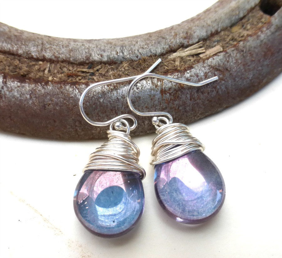Purple luster Czech glass teardrop and silver wrapped earrings. Sterling silver small jewelry. - Andria Bieber Designs 