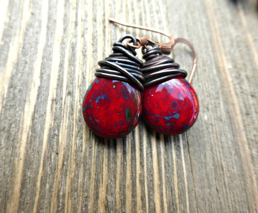 Red, blue and turquoise teardrop Czech glass and copper wire wrapped earrings. - Andria Bieber Designs 
