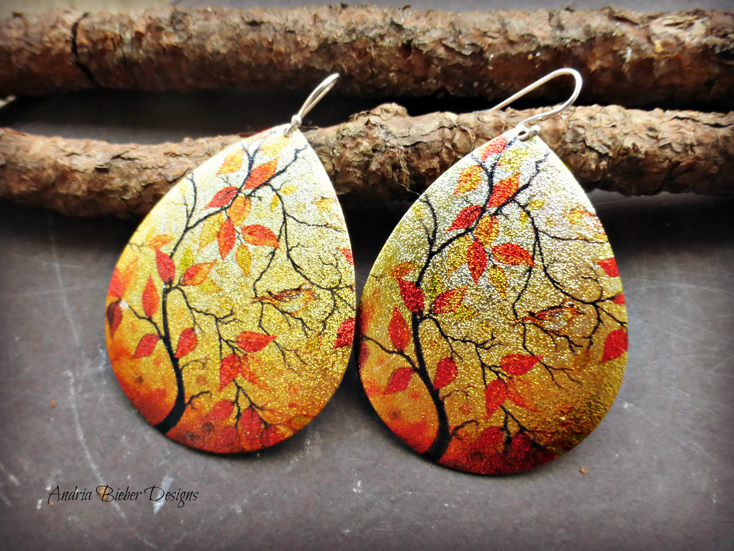 Fall scene earrings, sterling silver, orange, jewelry, Tree, nature, outdoor art scene. - Andria Bieber Designs 