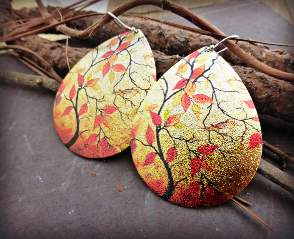 Fall scene earrings, sterling silver, orange, jewelry, Tree, nature, outdoor art scene. - Andria Bieber Designs 