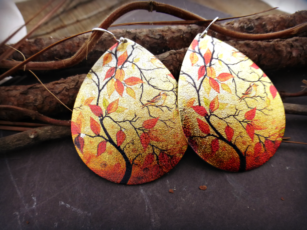 Fall scene earrings, sterling silver, orange, jewelry, Tree, nature, outdoor art scene. - Andria Bieber Designs 