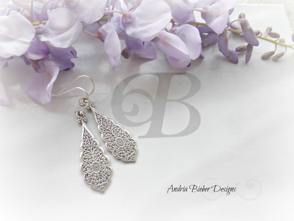 Silver Filigree Earrings. Sterling Silver jewelry. Victorian, bohemian, earrings. - Andria Bieber Designs 