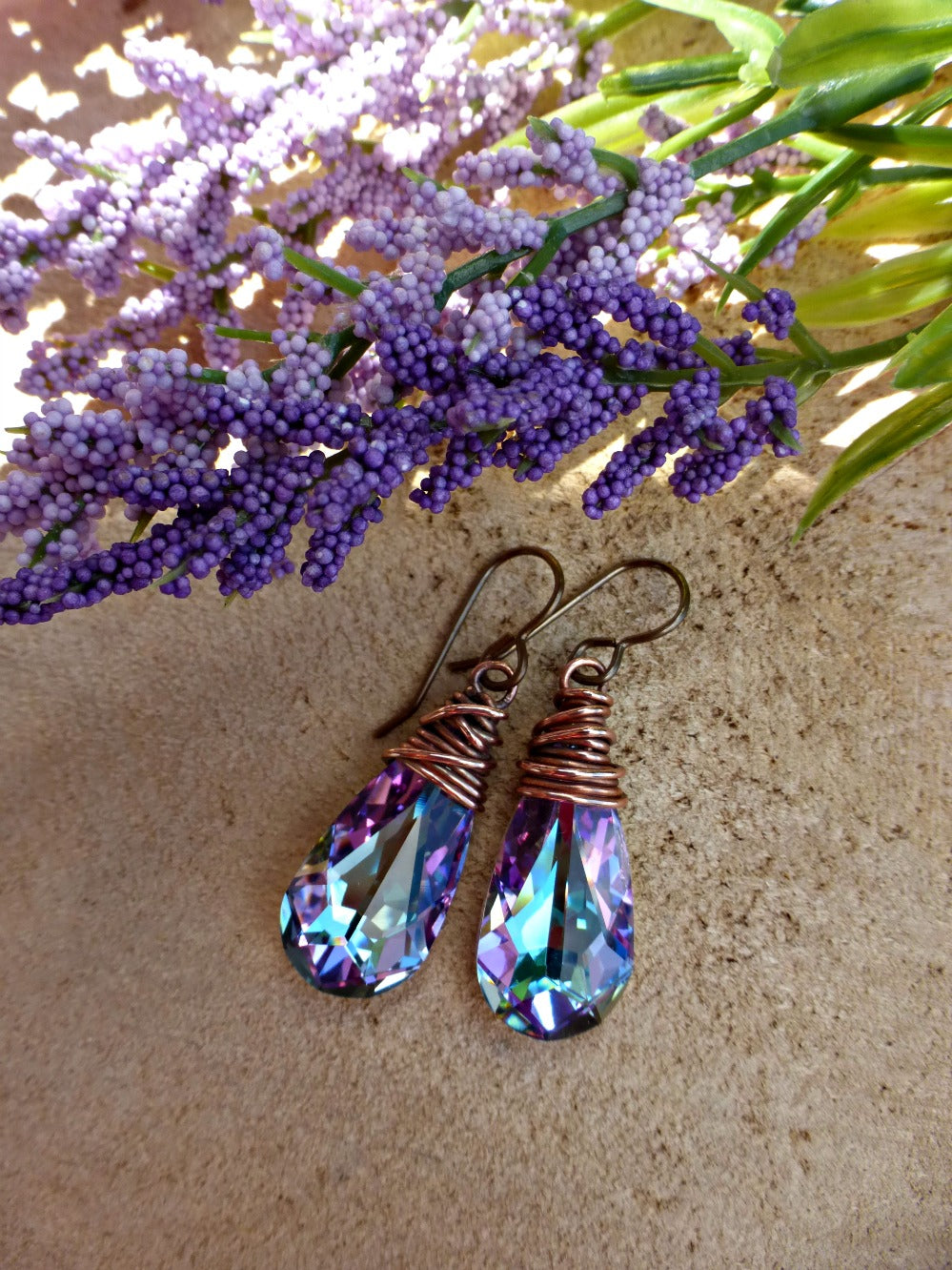 Purple Swarovski crystal earrings with copper wire wrapping, french ear wire. - Andria Bieber Designs 
