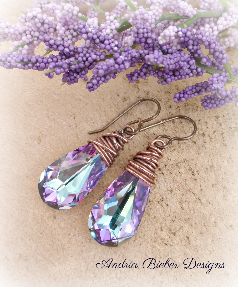 Purple Swarovski crystal earrings with copper wire wrapping, french ear wire. - Andria Bieber Designs 
