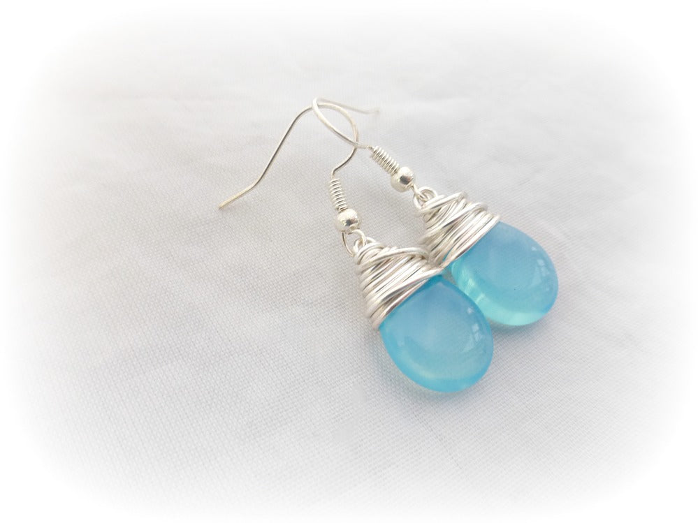 Sky blue transparent teardrop Czech Picasso glass, silver wire wrapping, sterling silver earrings. - Andria Bieber Designs 