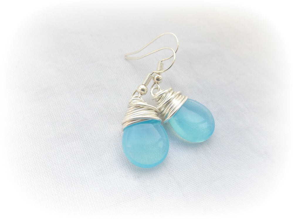 Sky blue transparent teardrop Czech Picasso glass, silver wire wrapping, sterling silver earrings. - Andria Bieber Designs 