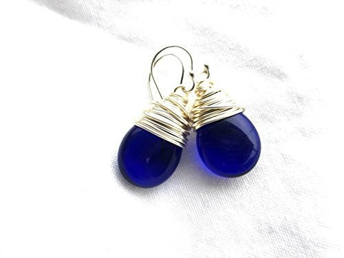 Dark blue Czech glass teardrop and silver wrapped earrings. Sterling silver small jewelry. - Andria Bieber Designs 