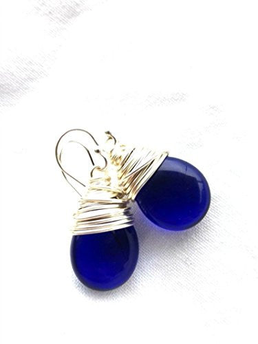 Dark blue Czech glass teardrop and silver wrapped earrings. Sterling silver small jewelry. - Andria Bieber Designs 