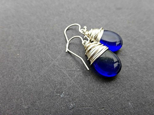 Dark blue Czech glass teardrop and silver wrapped earrings. Sterling silver small jewelry. - Andria Bieber Designs 