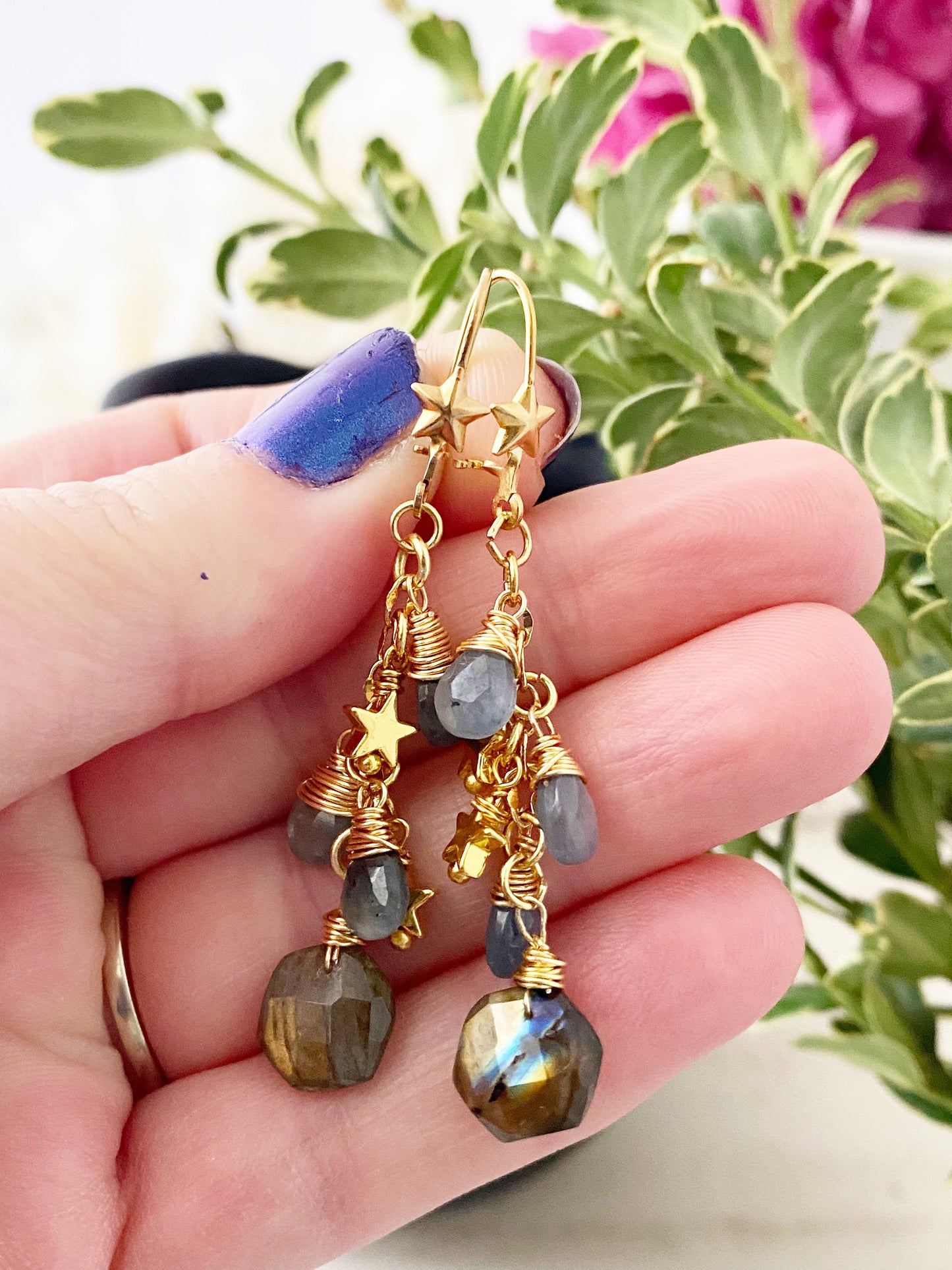 Stars and sapphires. Labradorite, Sapphire stone, star charm, gold earrings - Andria Bieber Designs 