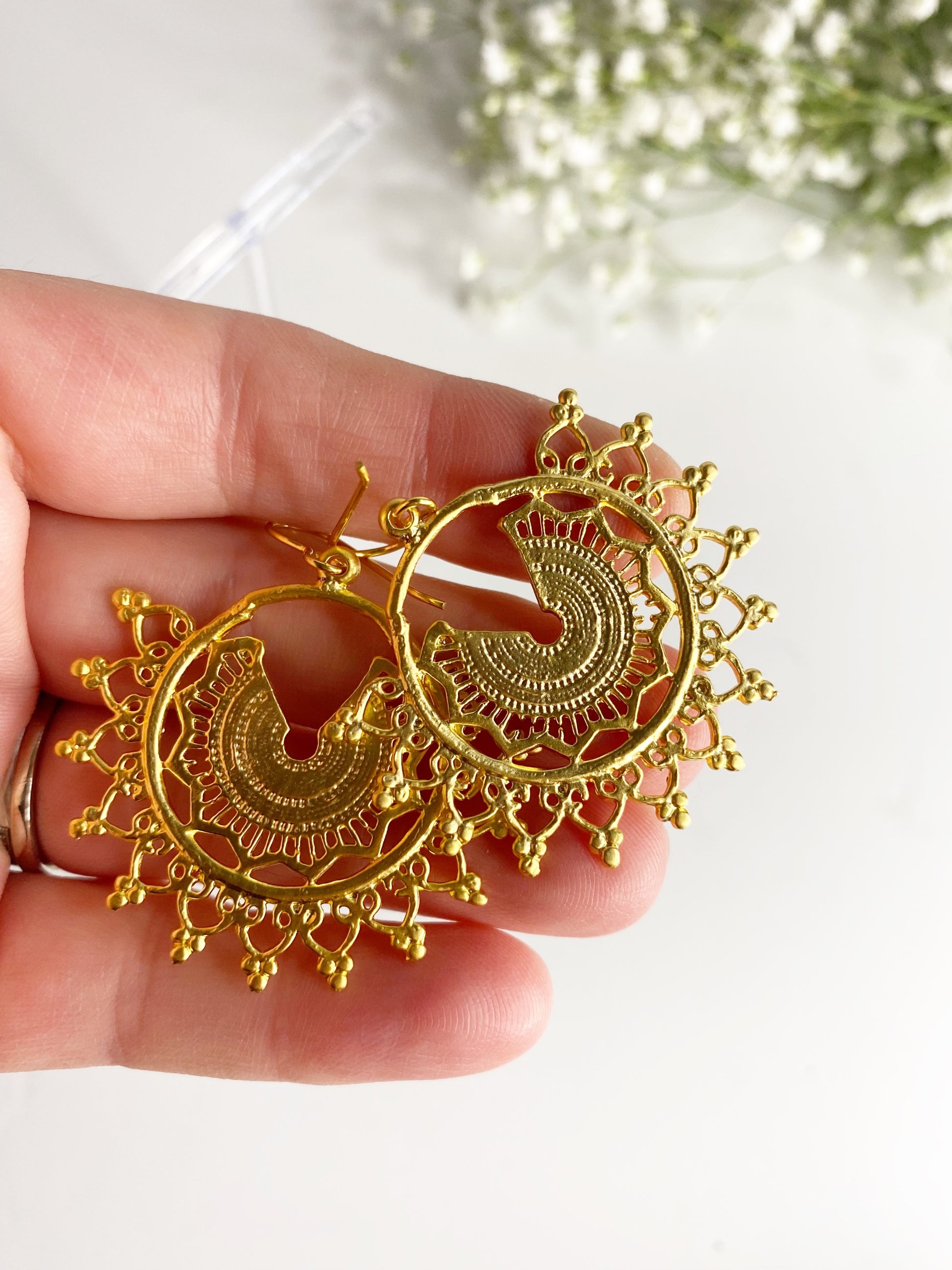 Gold boho filigree charm earrings, Gold metal, jewelry - Andria Bieber Designs 