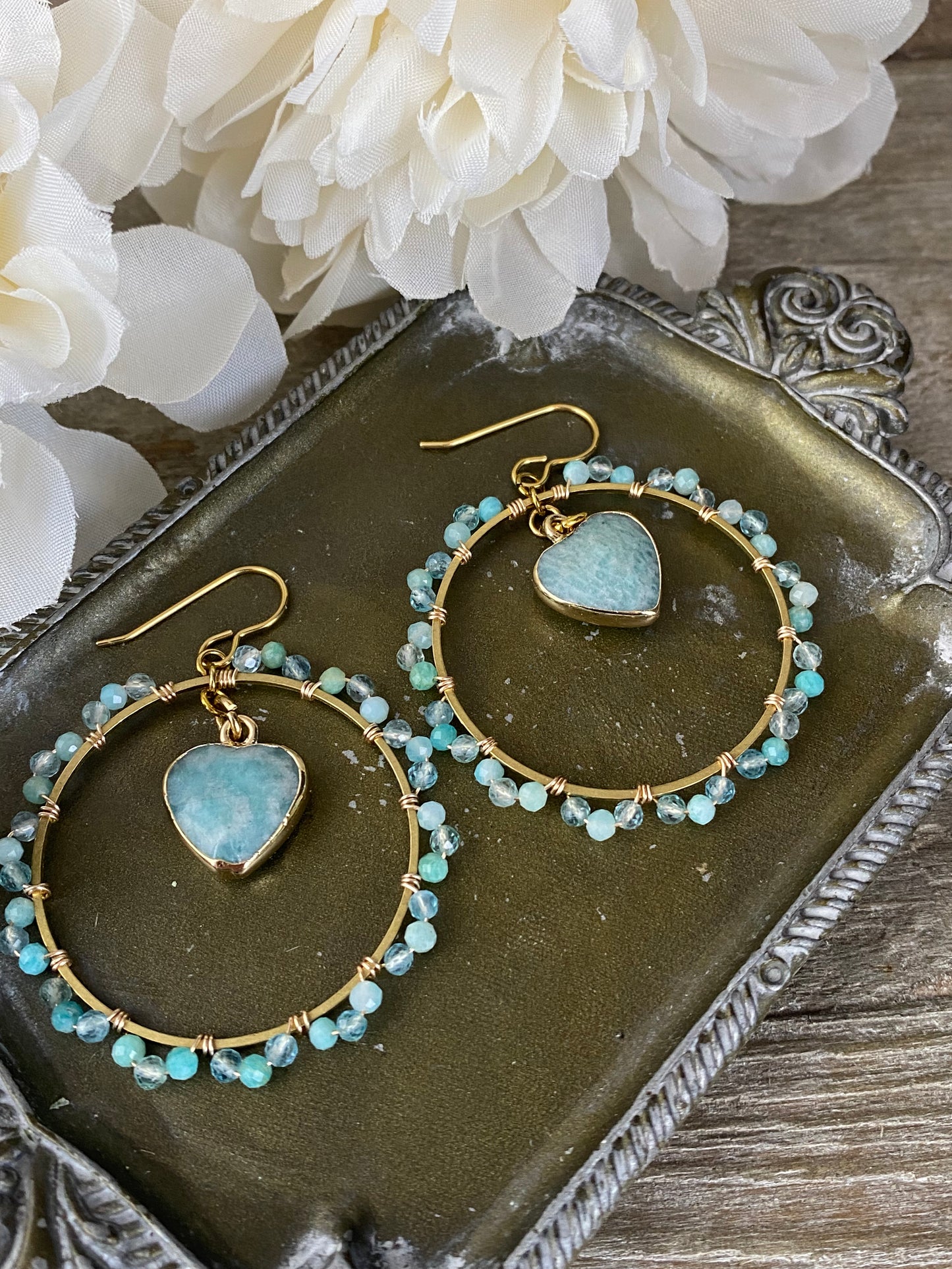 Amazonite, aquamarine stone gold hoops, earrings, jewelry