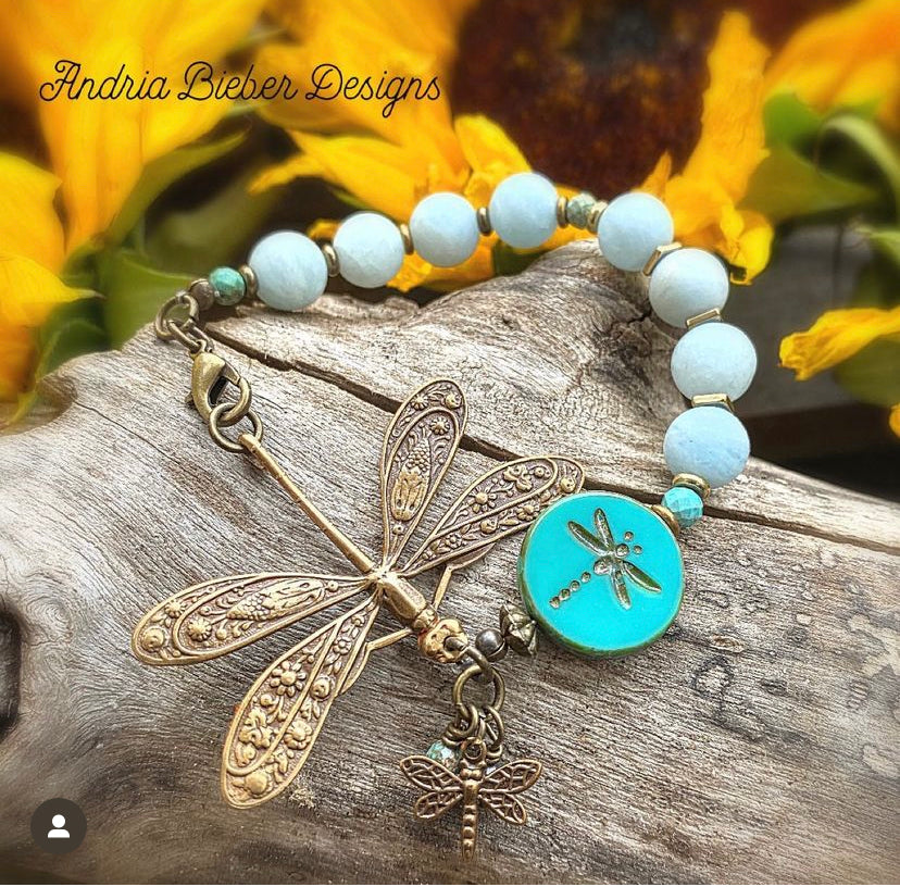 Dragonfly. Aquamarine stone, dragonfly charm, bronze metal bracelet. - Andria Bieber Designs 