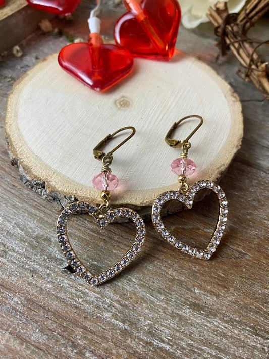 Pink crystal heart hoop gold metal earrings - Andria Bieber Designs 