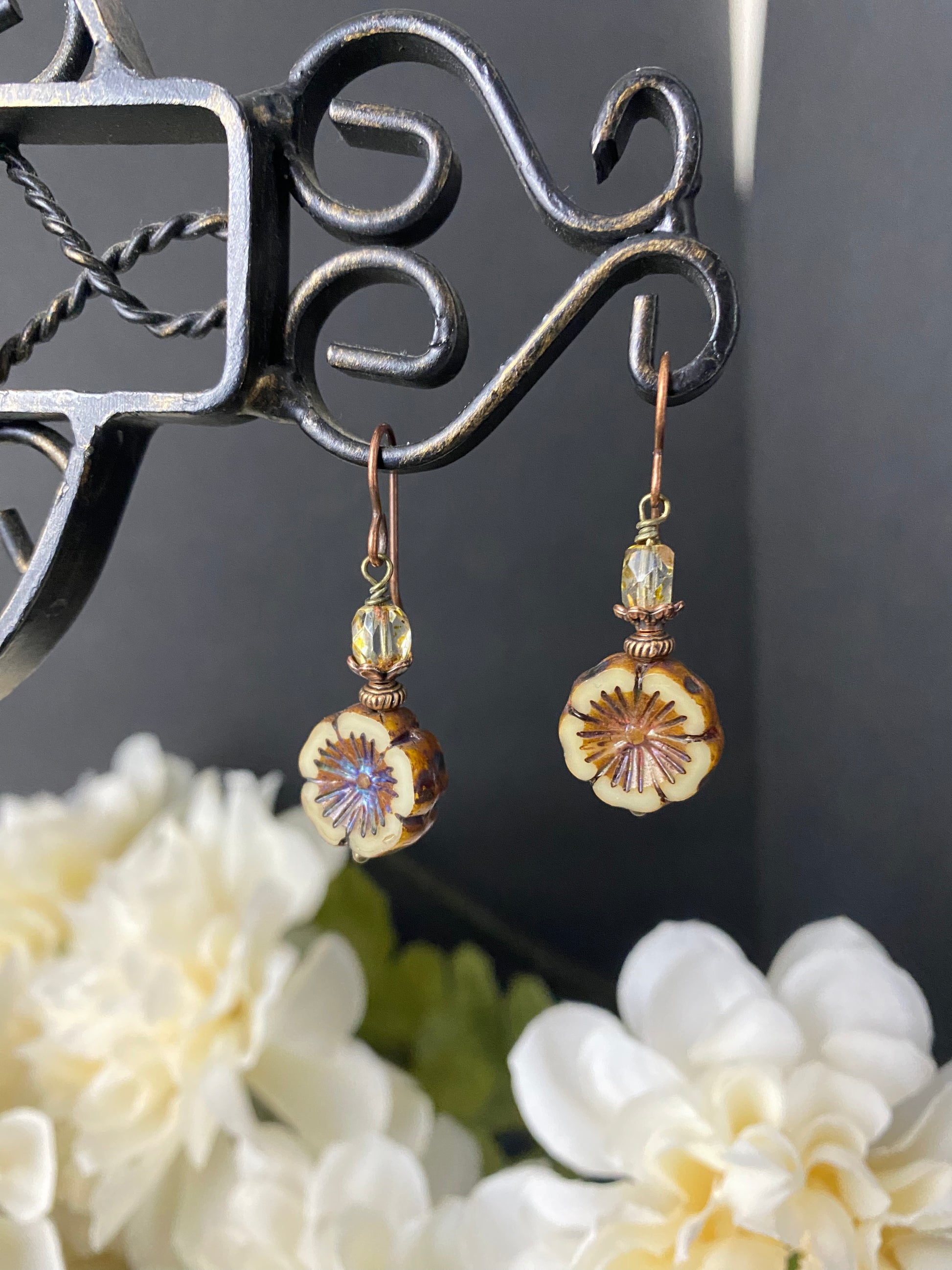 Off white Flower Czech glass, picssso glass, small earrings, and copper metal earrings. - Andria Bieber Designs 