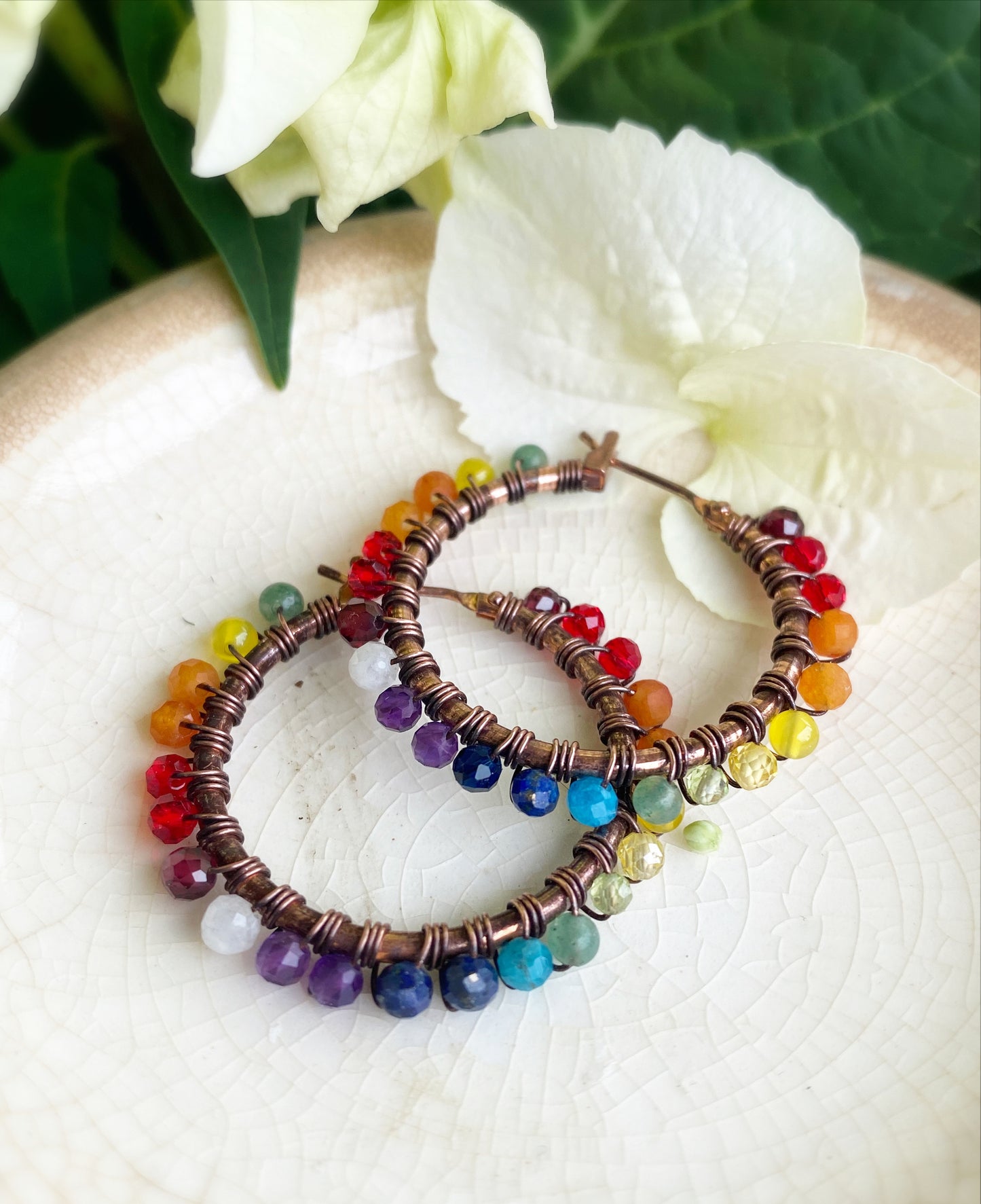 Rainbow gemstone, copper metal hoops, wire wrapped, earrings - Andria Bieber Designs 