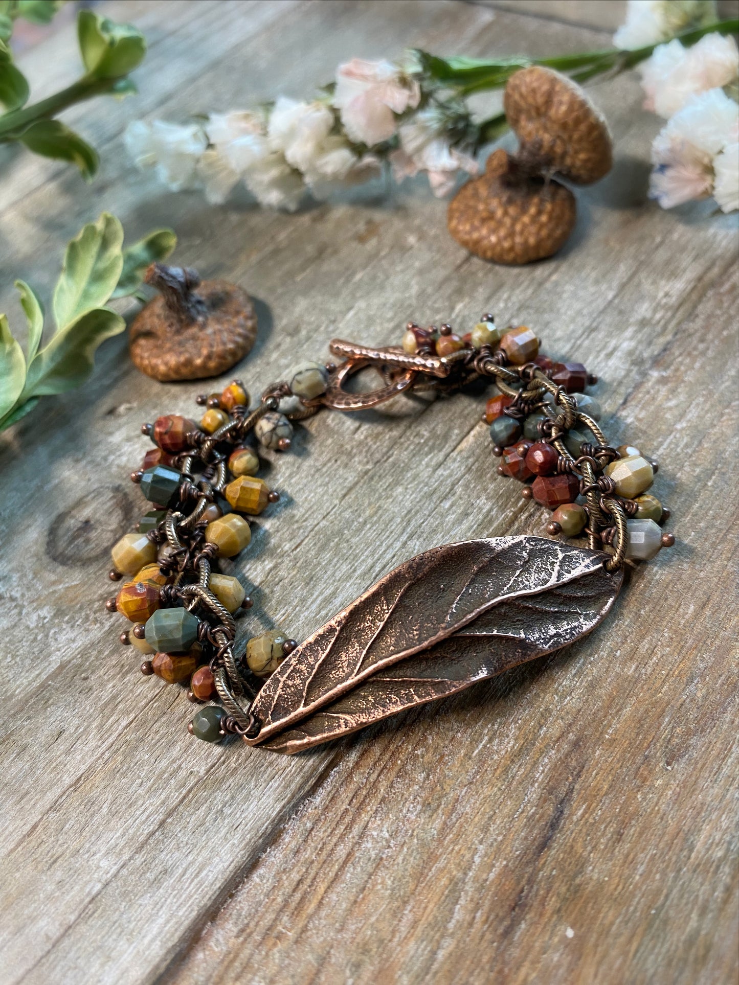 Red creek Jasper stone, copper leaf, charm bracelet. - Andria Bieber Designs 