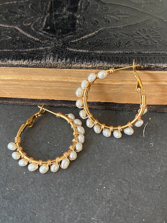 Pearls, hoops, gold metal, earrings, jewelry