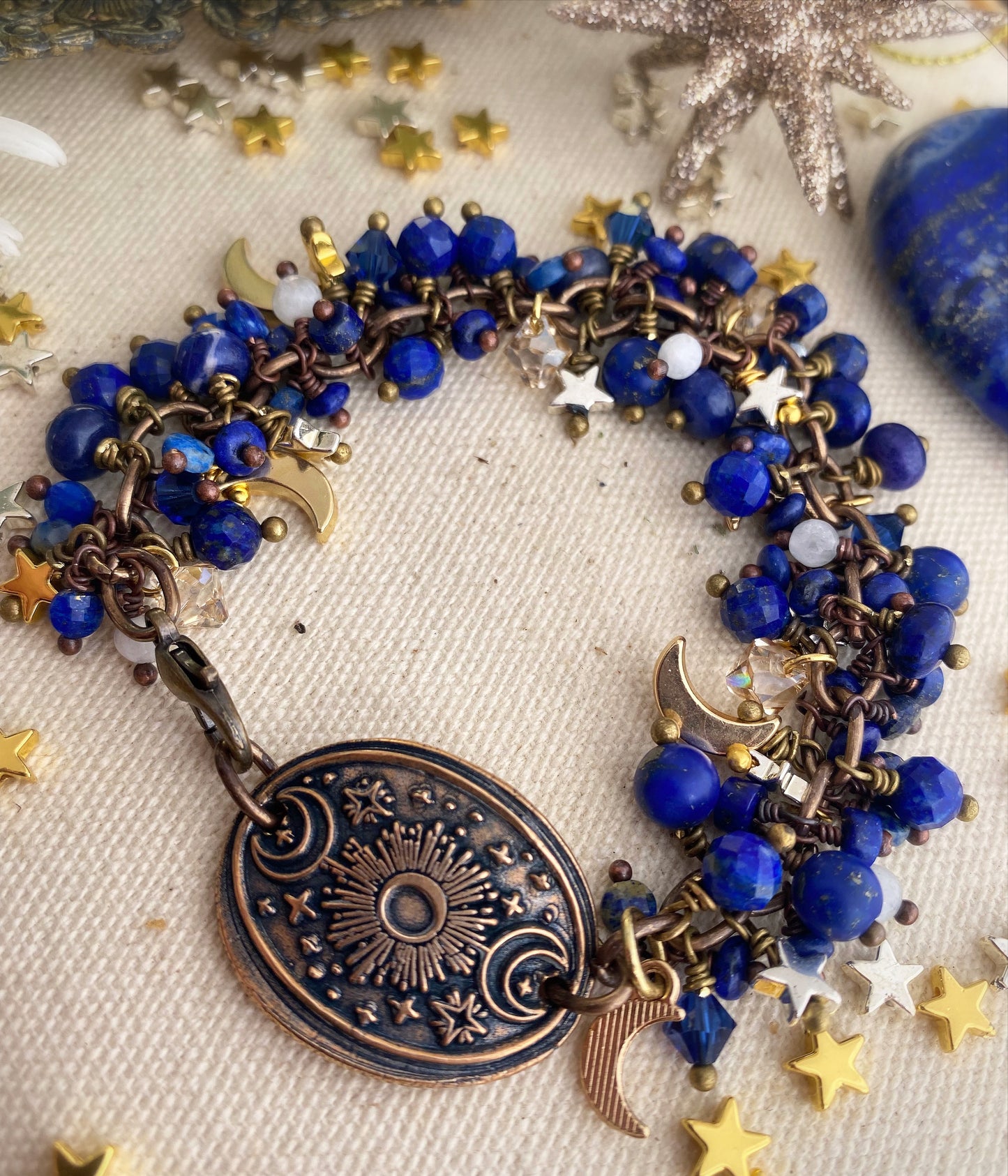 Moon and stars. Handmade bronze metal cuff, lapis lazuli stone, moon, star charms, Swarovski crystals, bracelet , jewelry - Andria Bieber Designs 