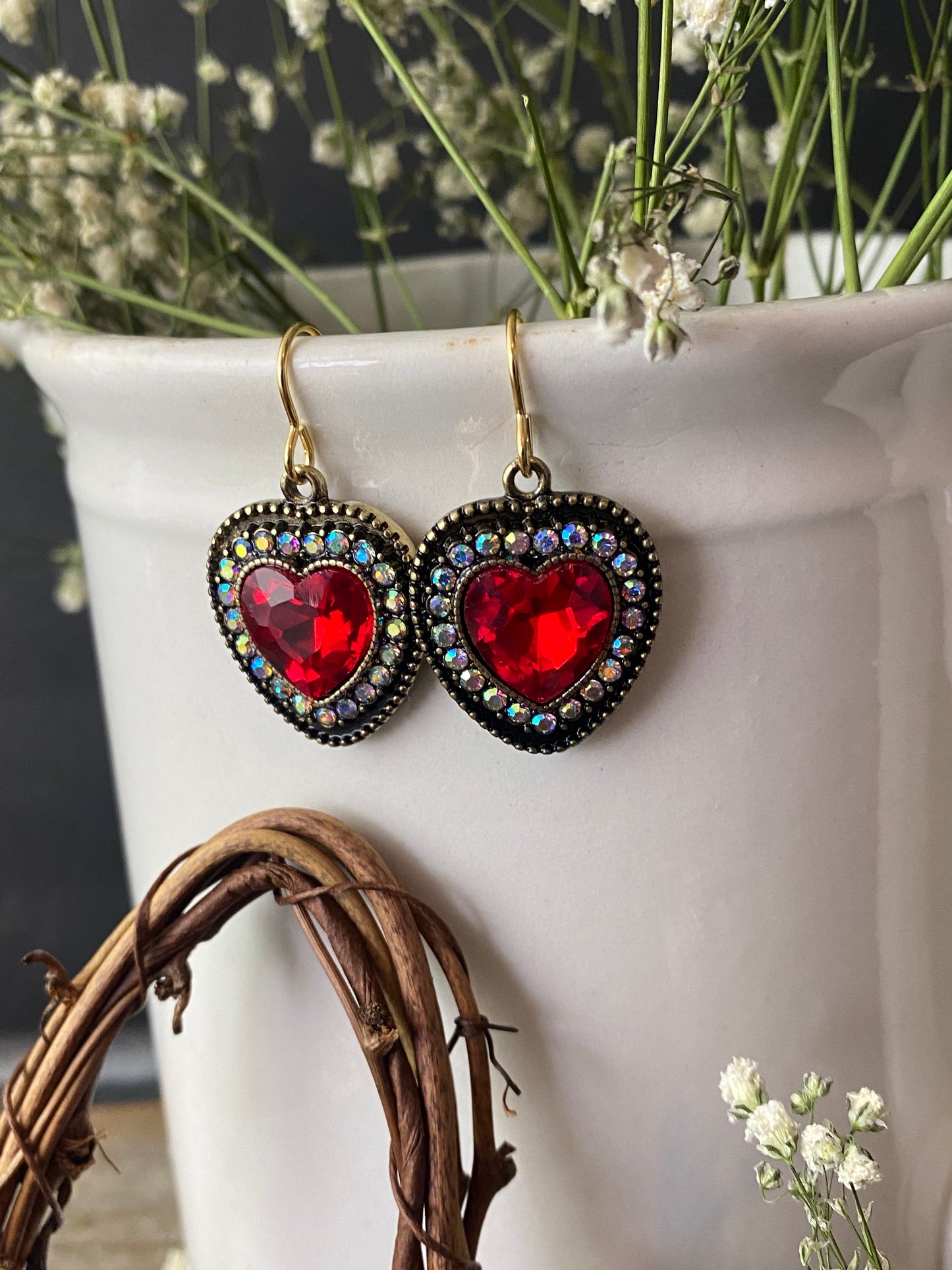 Red heart crystals, valentine’s Day, bronze metal, earrings