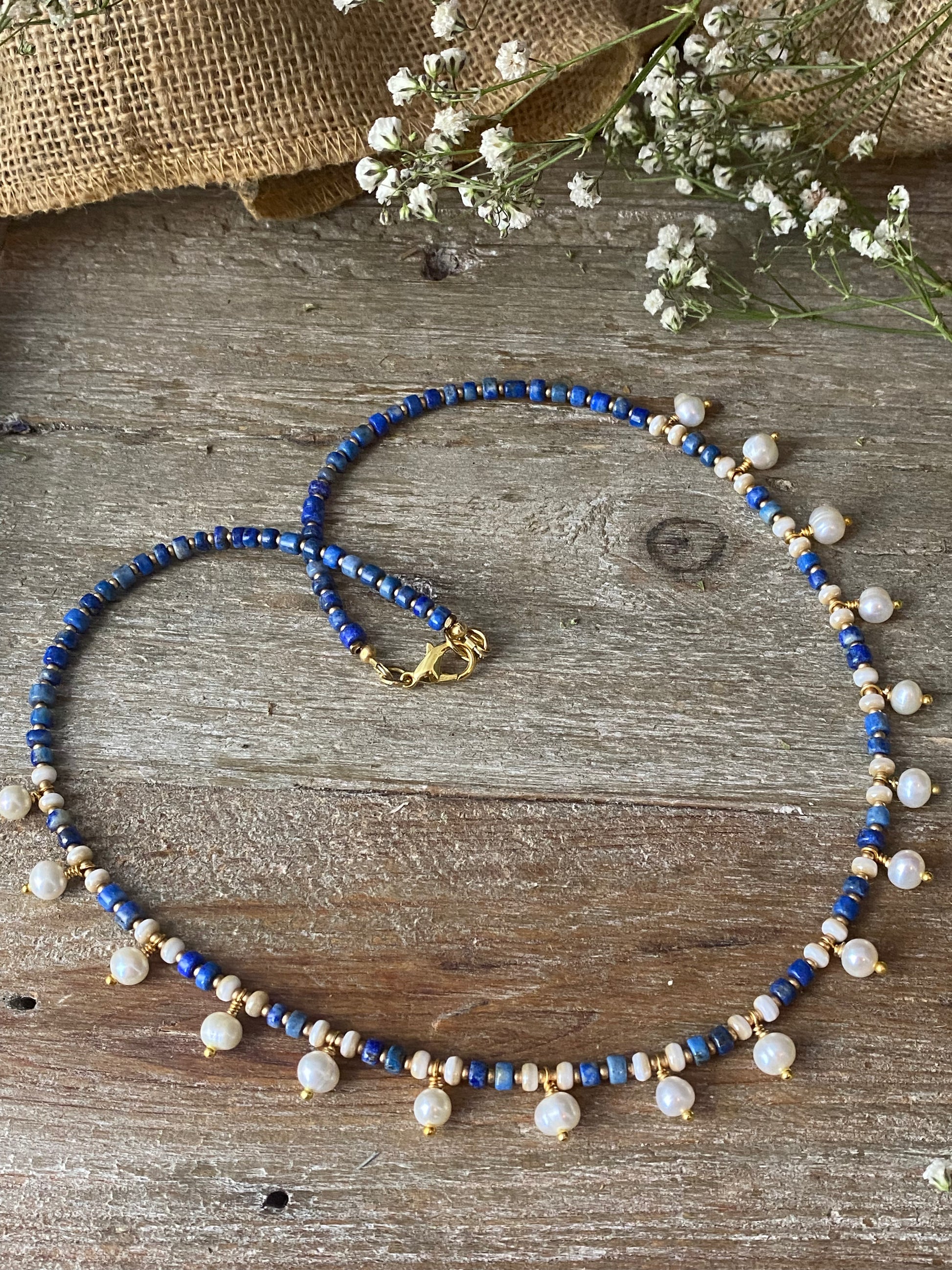 Lapis lazuli stone, freshwater pearls, gold 18k necklace, jewelry - Andria Bieber Designs 
