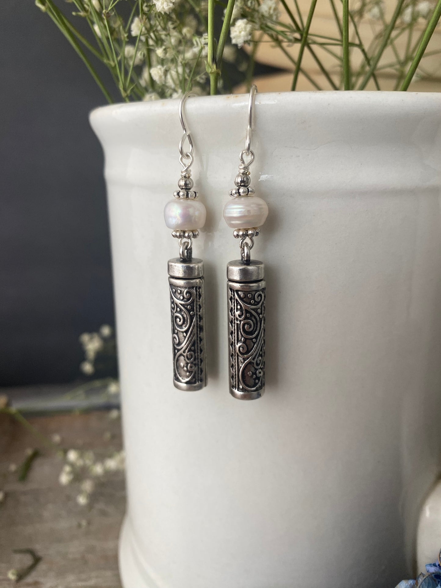 Pearls and silver drop earrings, jewelry