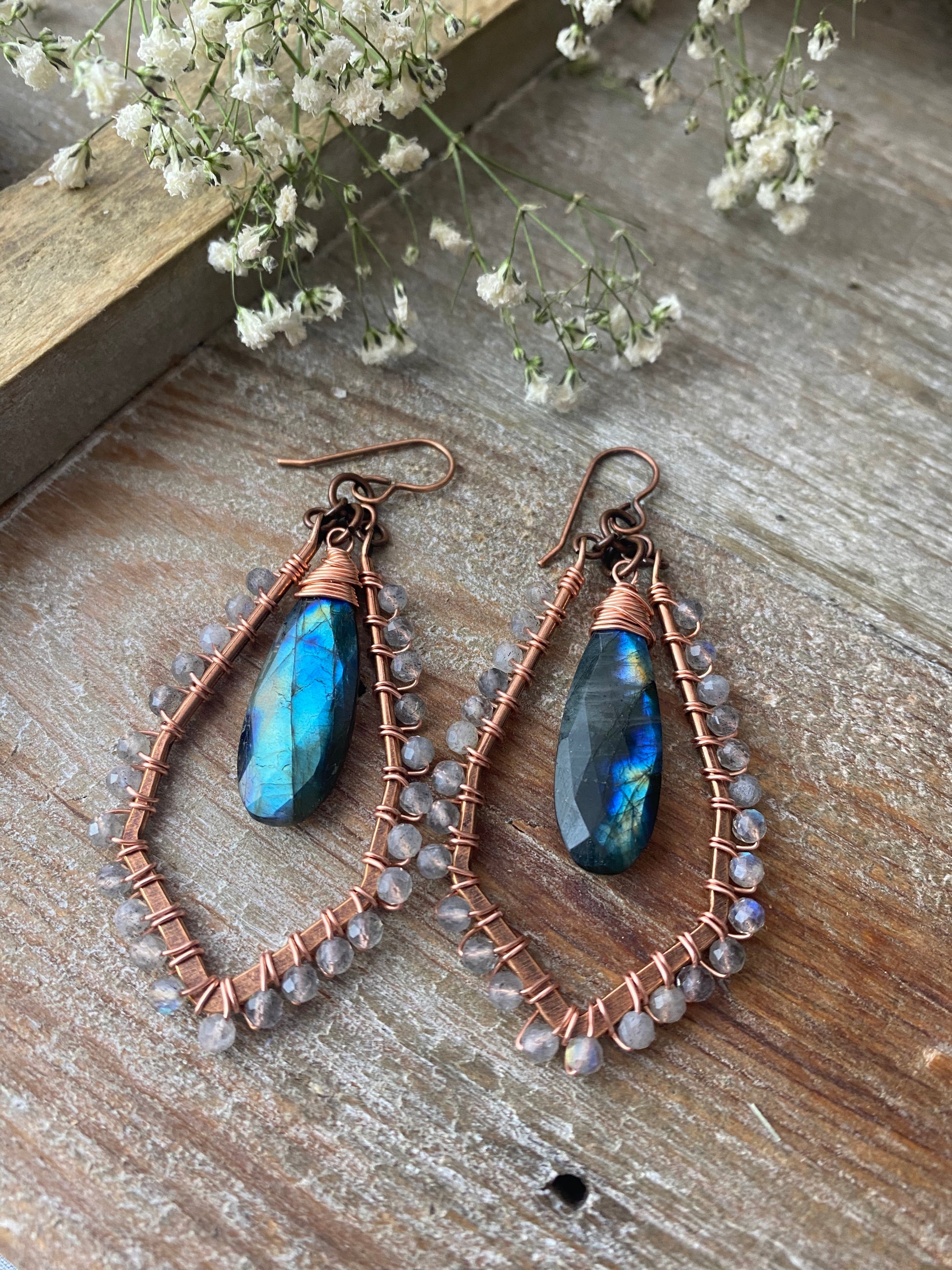 Labradorite gemstone, copper metal, wire wrapped, earrings - Andria Bieber Designs 