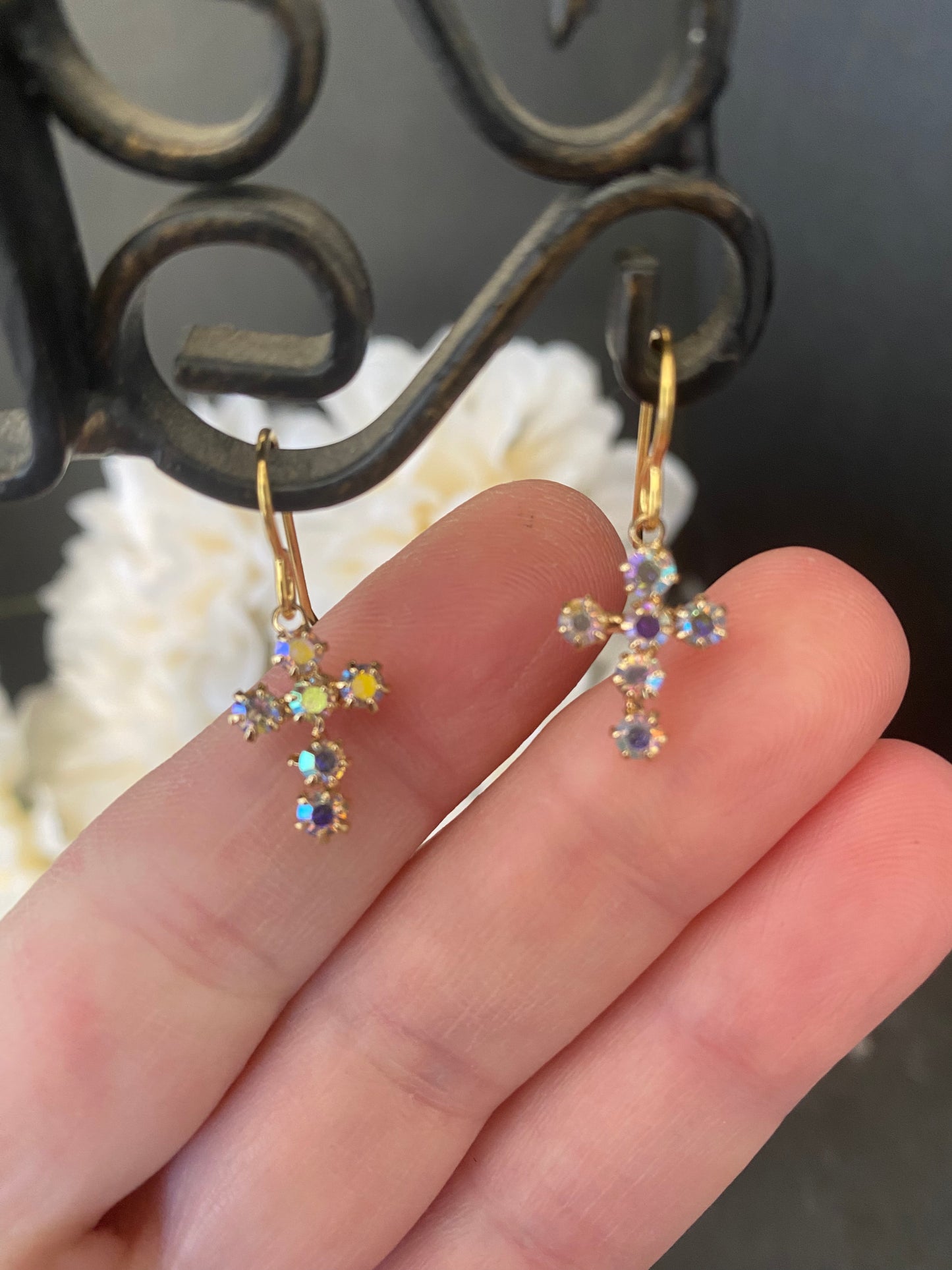 Crystal cross charms, gold metal earrings, jewelry. - Andria Bieber Designs 
