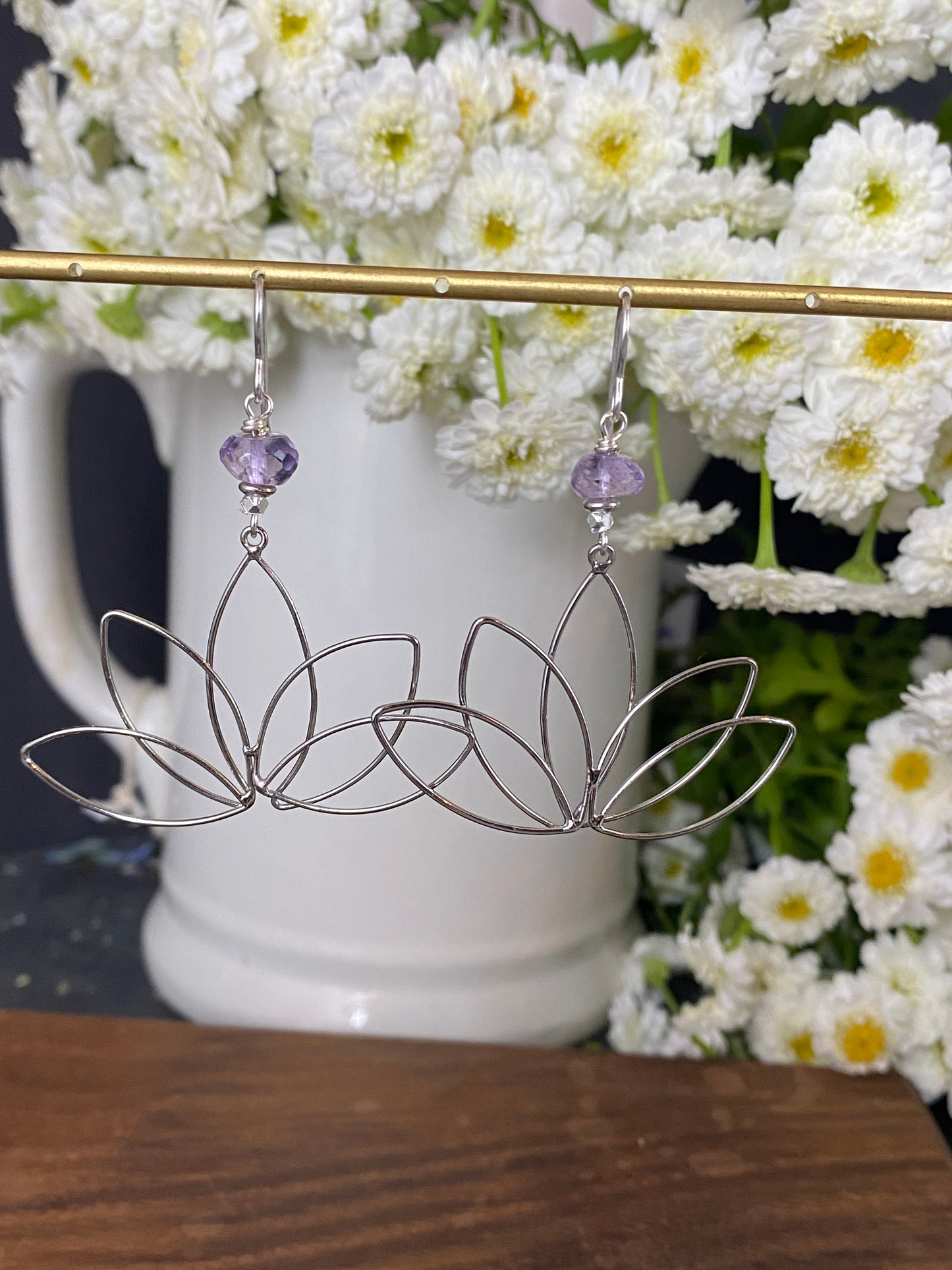 Silver lotus wire flower charms, amethyst stone, earrings, jewelry.