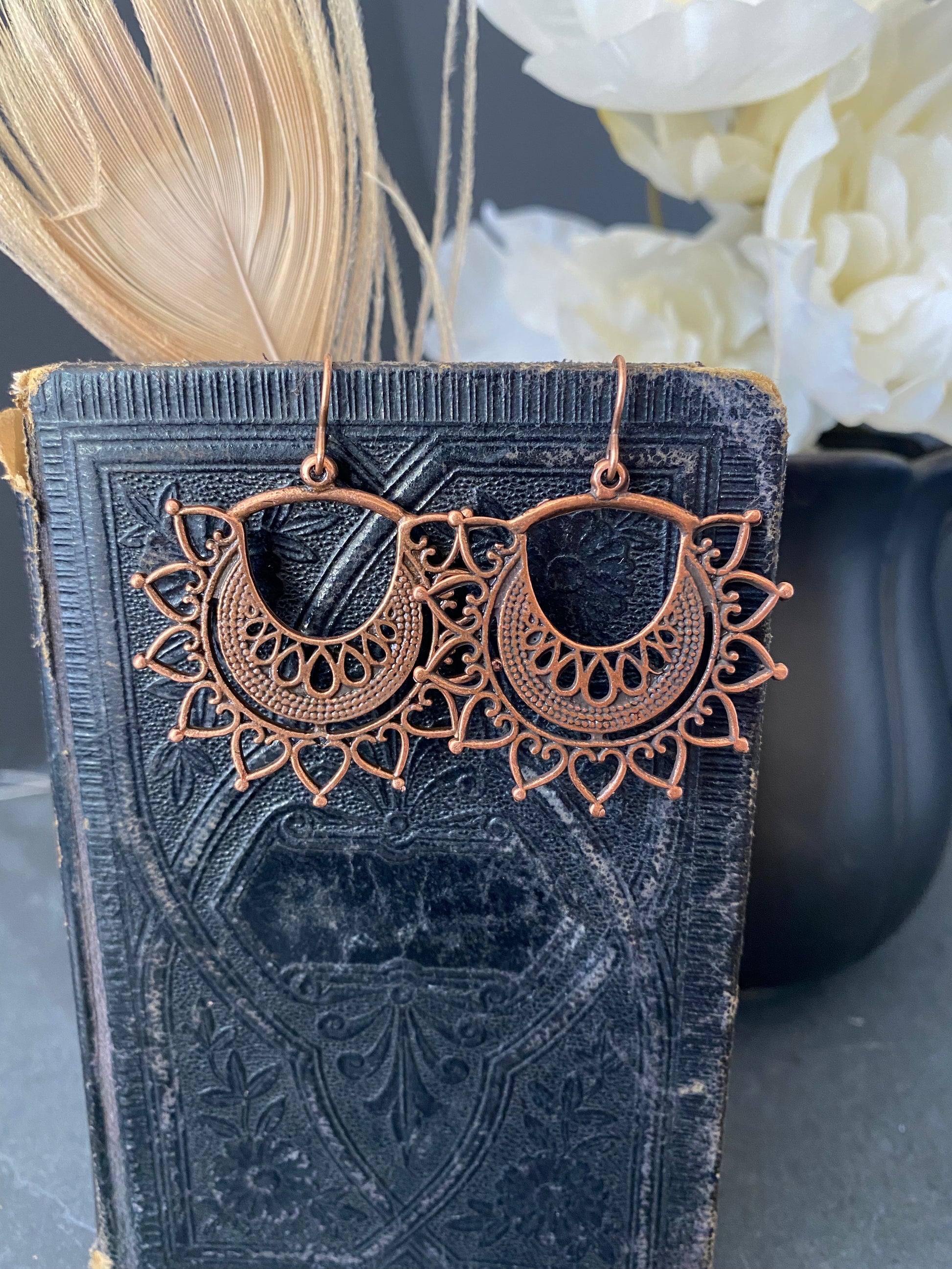 Boho sun, copper metal, earrings, jewelry. - Andria Bieber Designs 