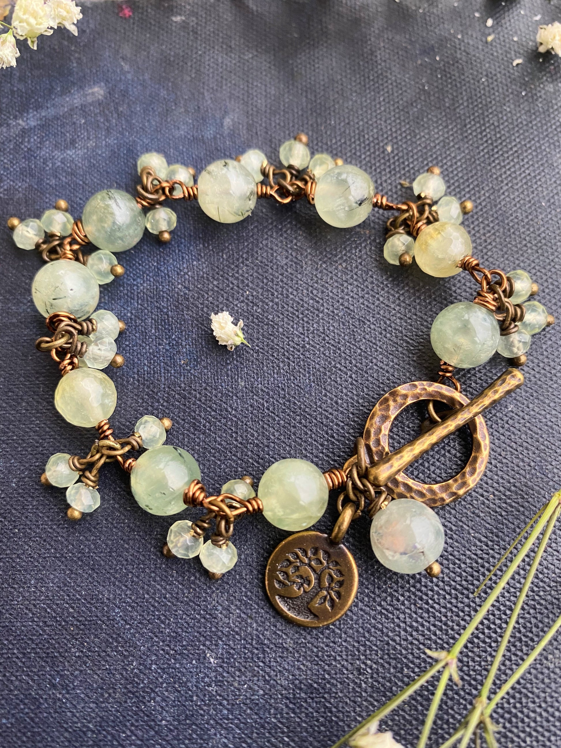 prehnite gemstone, bronze metal, bracelet, jewelry. - Andria Bieber Designs 