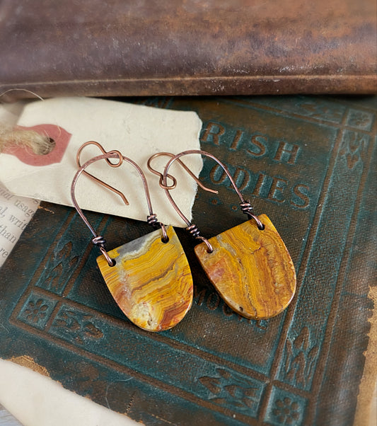 Crazy lace agate stone, copper metal wire wrapped, earrings