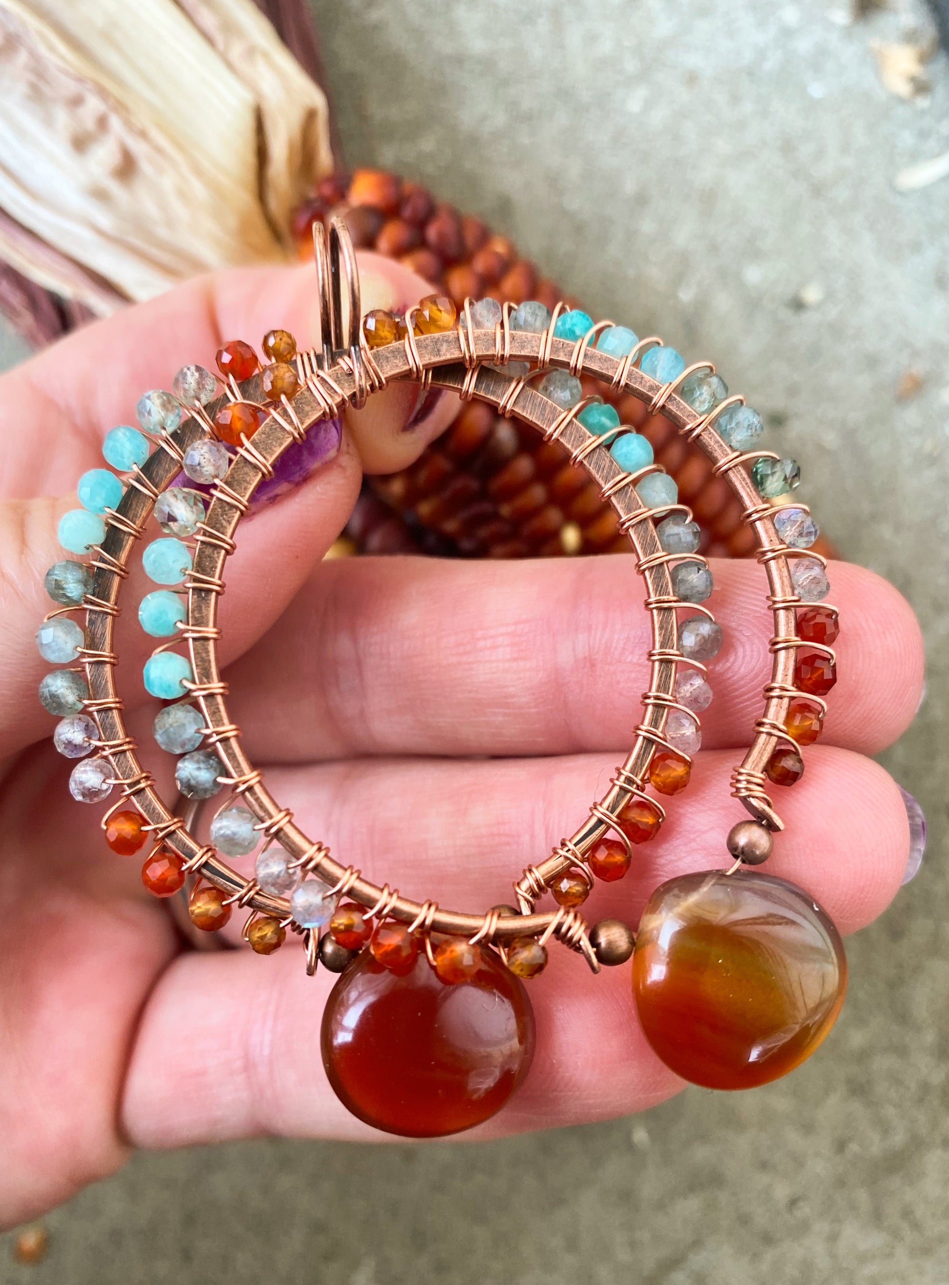 Turquoise blues and Carnelian agate stone, copper hoop metal, wire wrapped, earrings - Andria Bieber Designs 