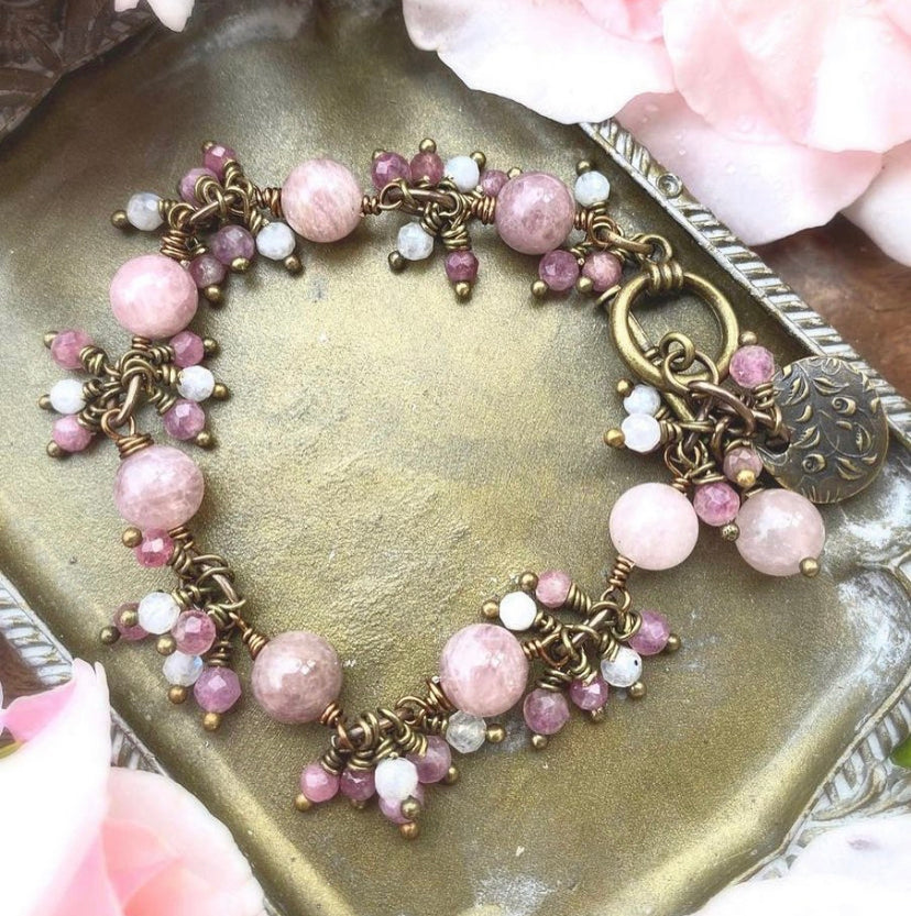 Rose quartz pink stone, Tourmoline pink stone, bronze metal bracelet. - Andria Bieber Designs 