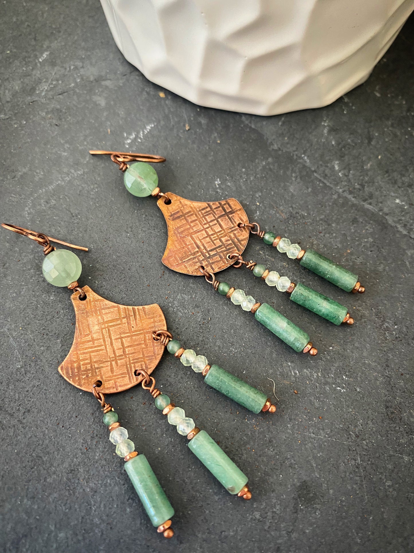 Aventurine stone, prehnite stone, handmade copper metal charm earrings - Andria Bieber Designs 