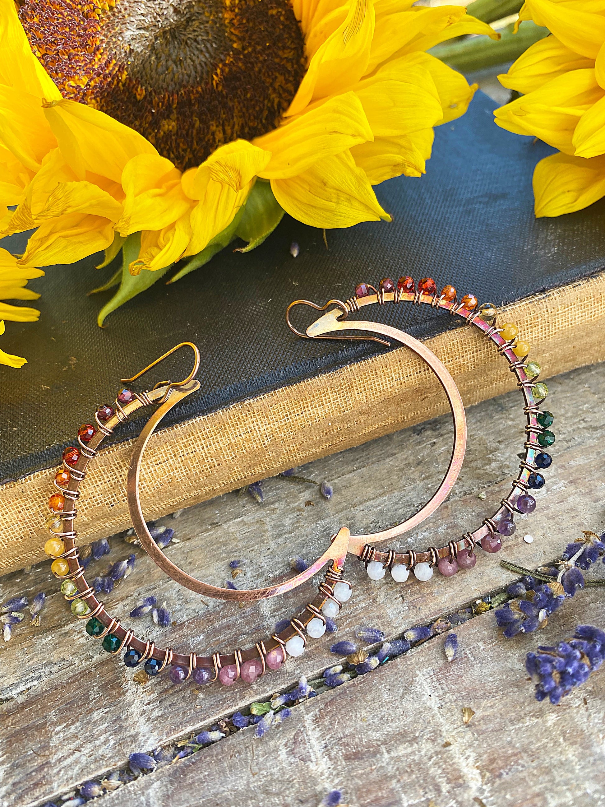 Rainbow gemstone, Moon copper metal hoops, wire wrapped, gemstone, earrings - Andria Bieber Designs 
