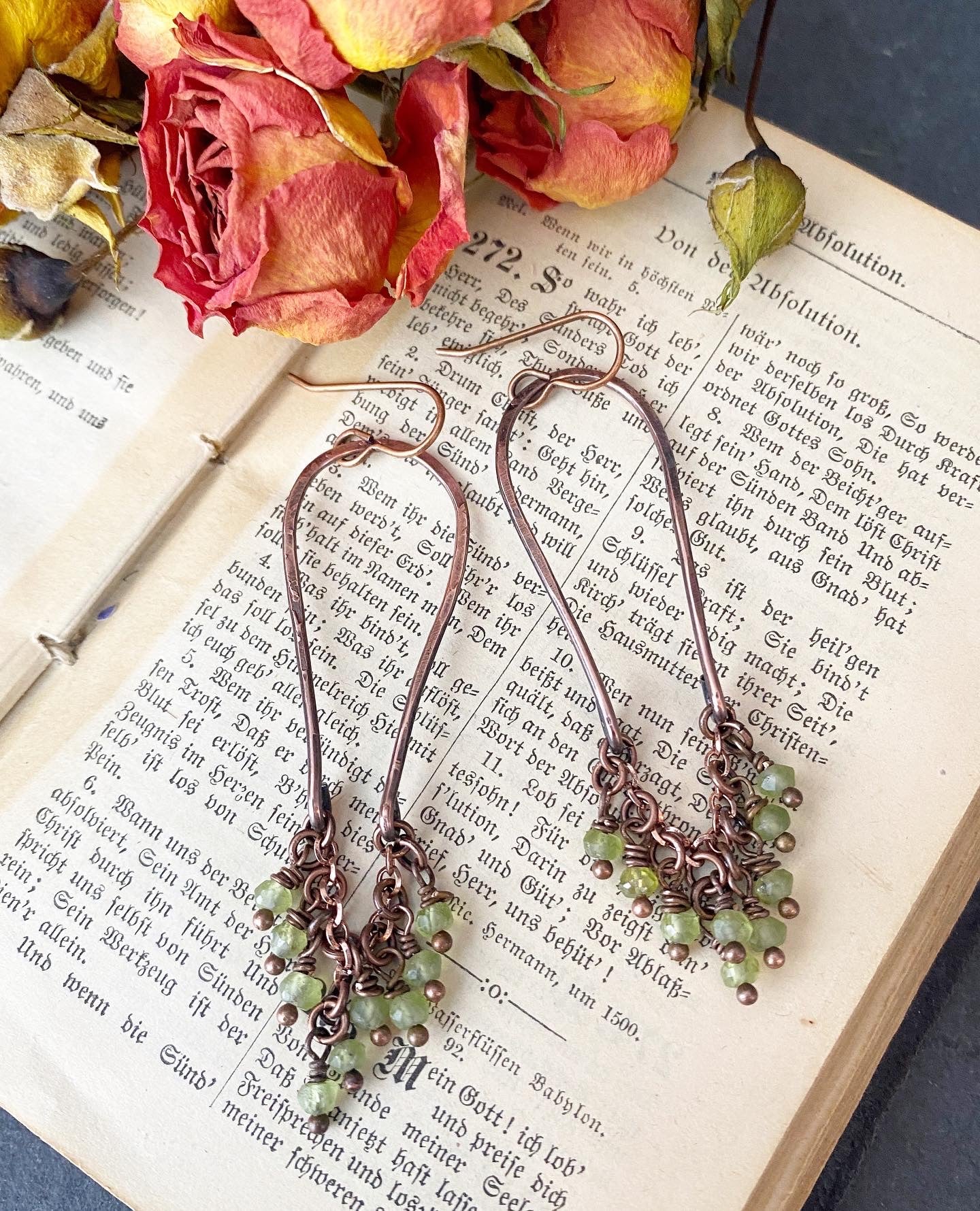 Peridot faceted stone, copper wire wrapped, earrings - Andria Bieber Designs 