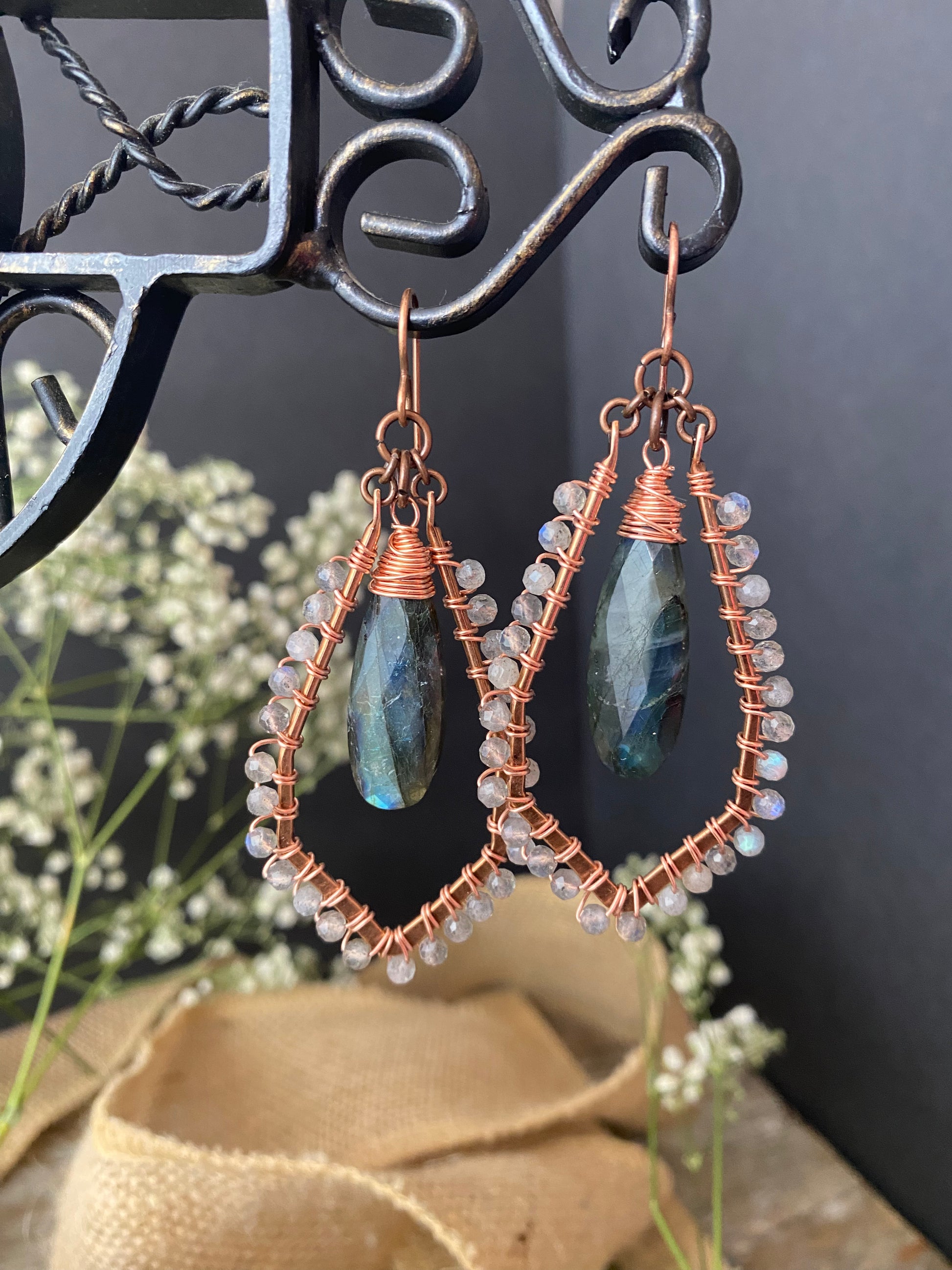 Labradorite gemstone, copper metal, wire wrapped, earrings - Andria Bieber Designs 