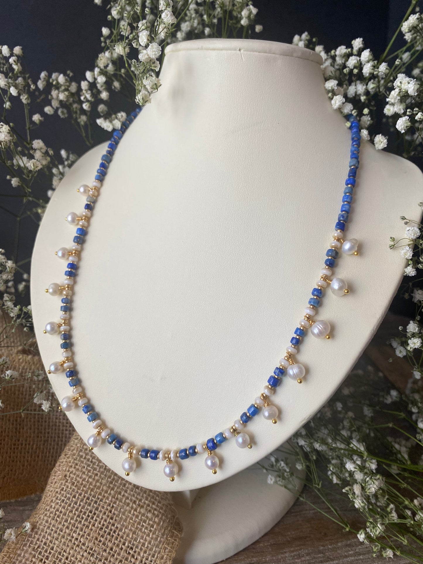 Lapis lazuli stone, freshwater pearls, gold 18k necklace, jewelry - Andria Bieber Designs 