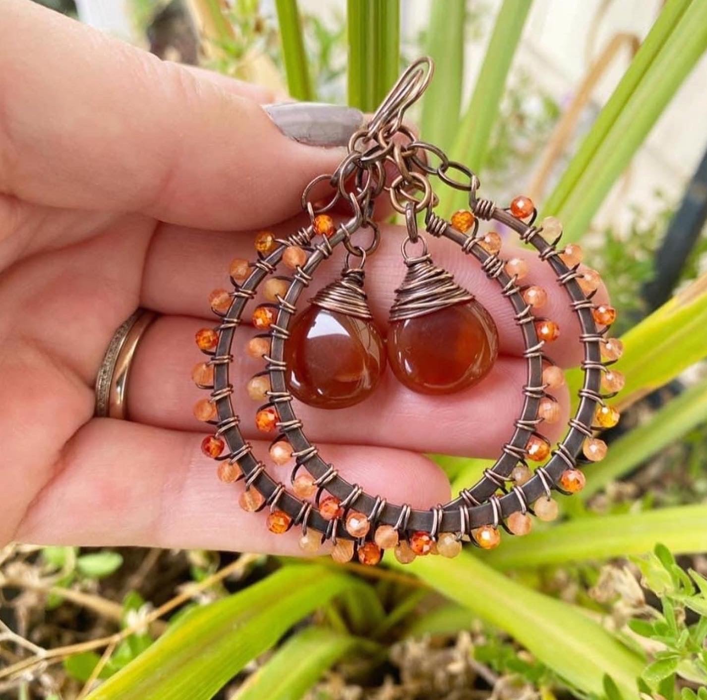 Orange leaves. Carnelian agate stone, copper metal, wire wrapped, earrings - Andria Bieber Designs 